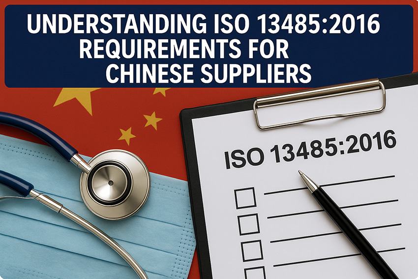 标题图：在一份 ISO 13485:2016 检查清单和一个听诊器上方，写有英文标题“Understanding ISO 13485:2016 requirements for Chinese suppliers”（理解 ISO 13485:2016 对中国供应商的要求）。