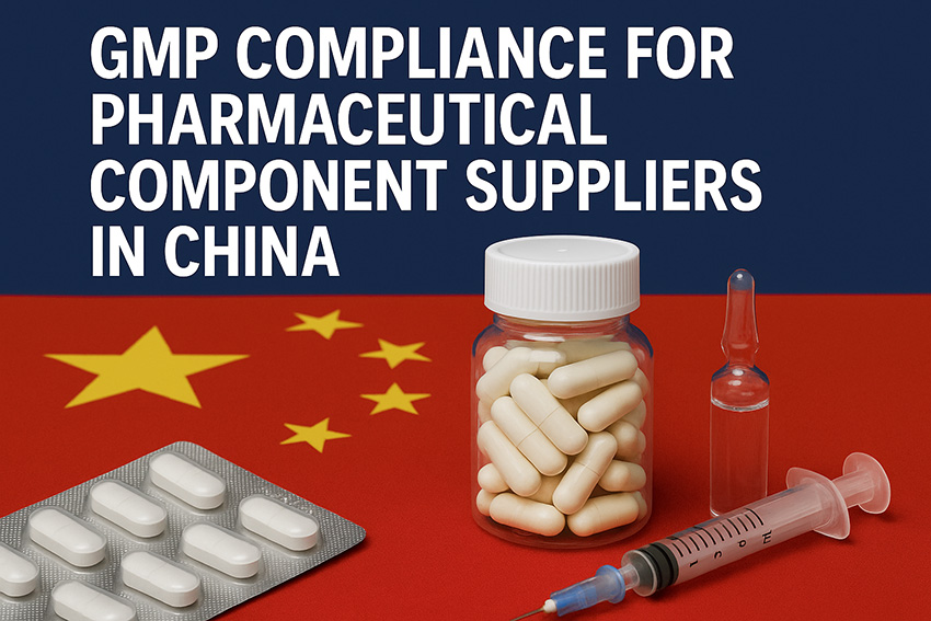 标题图，文字为“GMP compliance for pharmaceutical component suppliers in China”（中国药用组件及包材供应商的 GMP 合规），背景是一瓶胶囊、泡罩包装和一支注射器。