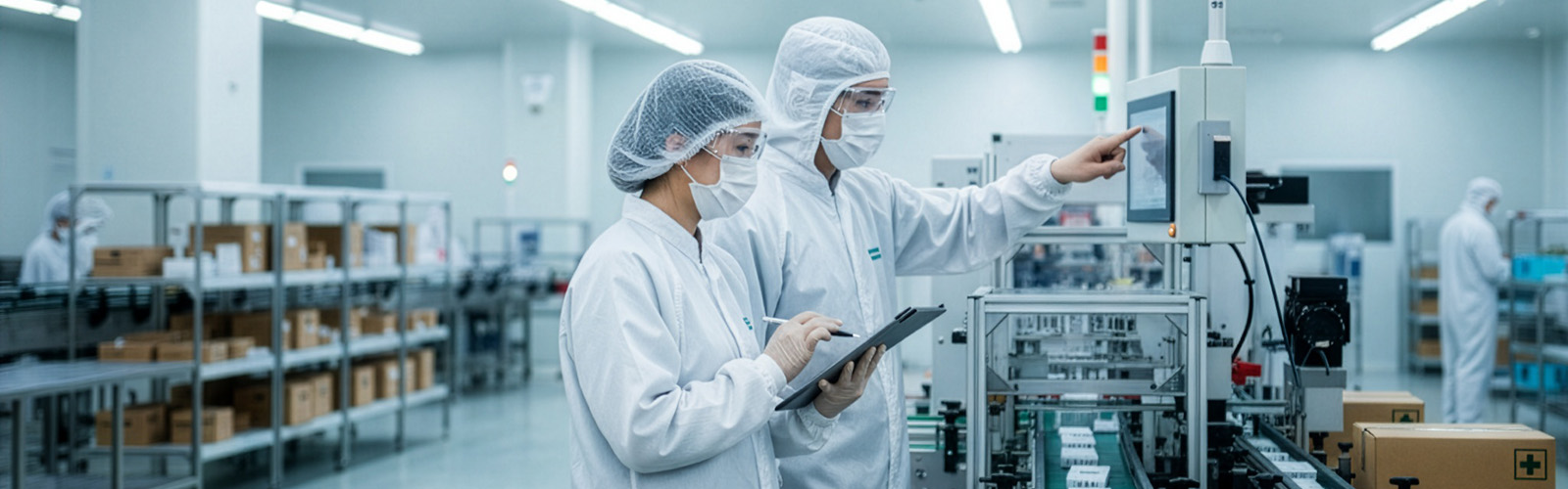 Quality engineers inspecting a production line control panel