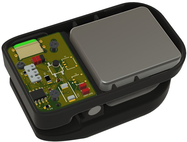 Cooling-system design cutaway showing the custom PCB, battery, and mechanical packaging